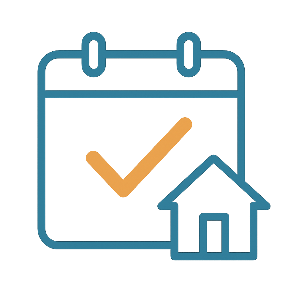Calendar with a checkmark and a house icon, indicating home inspection scheduling