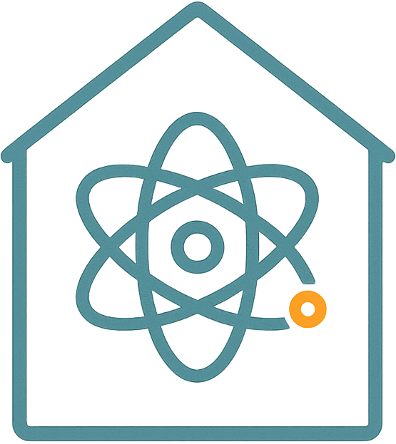 House icon with an atom symbol, representing radon gas